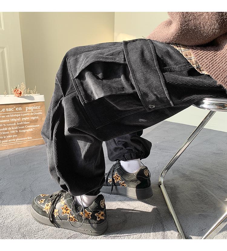 Men's Corduroy Overalls with Velvet - American Style, Straight Loose Wide-Leg, Trendy Autumn/Winter Large Size Pants