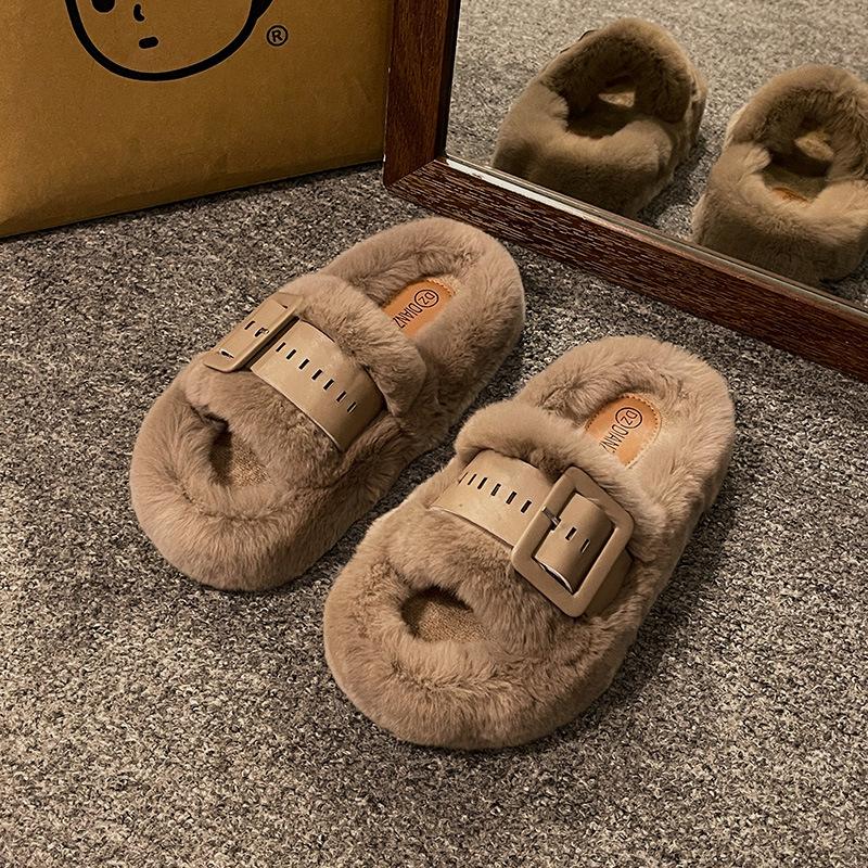 Premium Thick-bottomed Fluffy Slippers for Women To Wear In Autumn and Winter 2025 New French Lazy Korean One-word Cotton Slippers