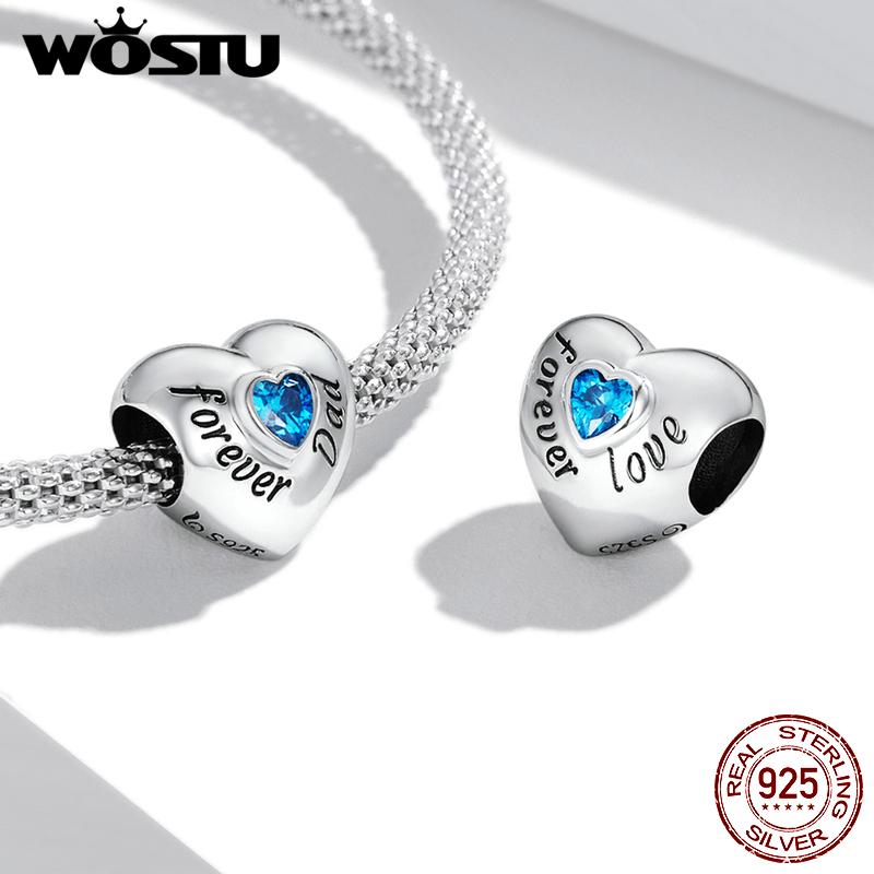 WOSTU 925 Sterling Silver Love Family Mom Dad Heart Zircon Charms Beads Pendant Fit Original Bracelet Necklace For Women Jewelry