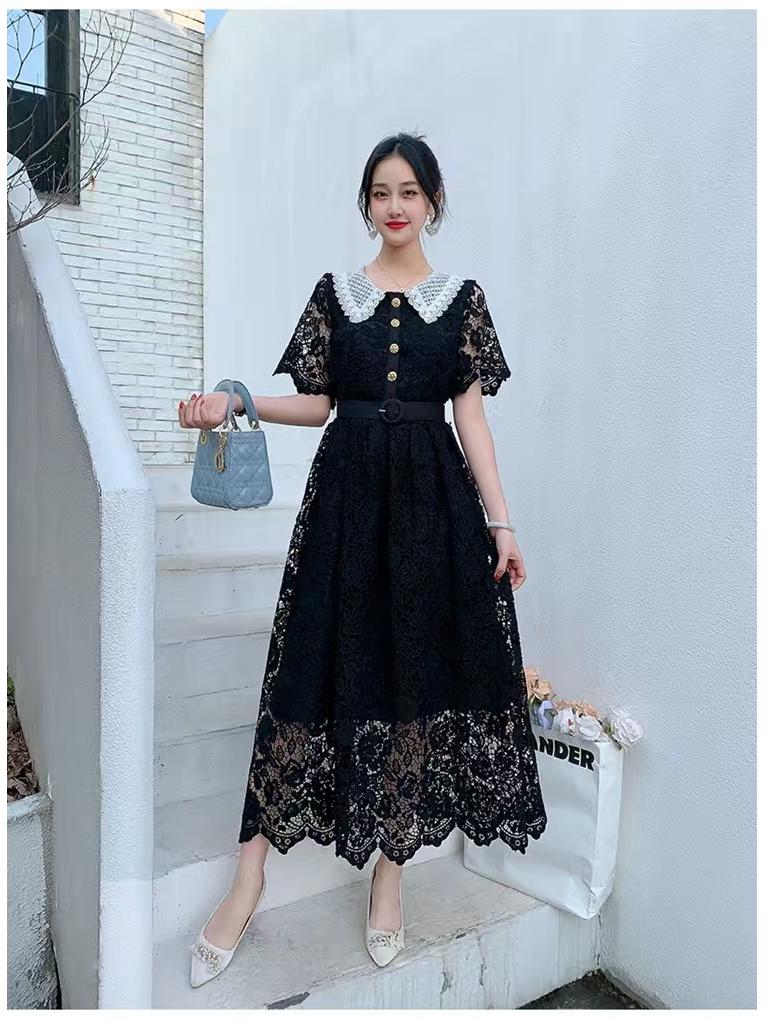 Damen Französisch Süß Farbblock Peter Pan Kragen Slim Fit Midilänge Spitzenkleid