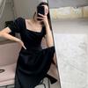 Hepburn style little black dress women's summer new French retro square collar medium and long black bubble sleeve dress