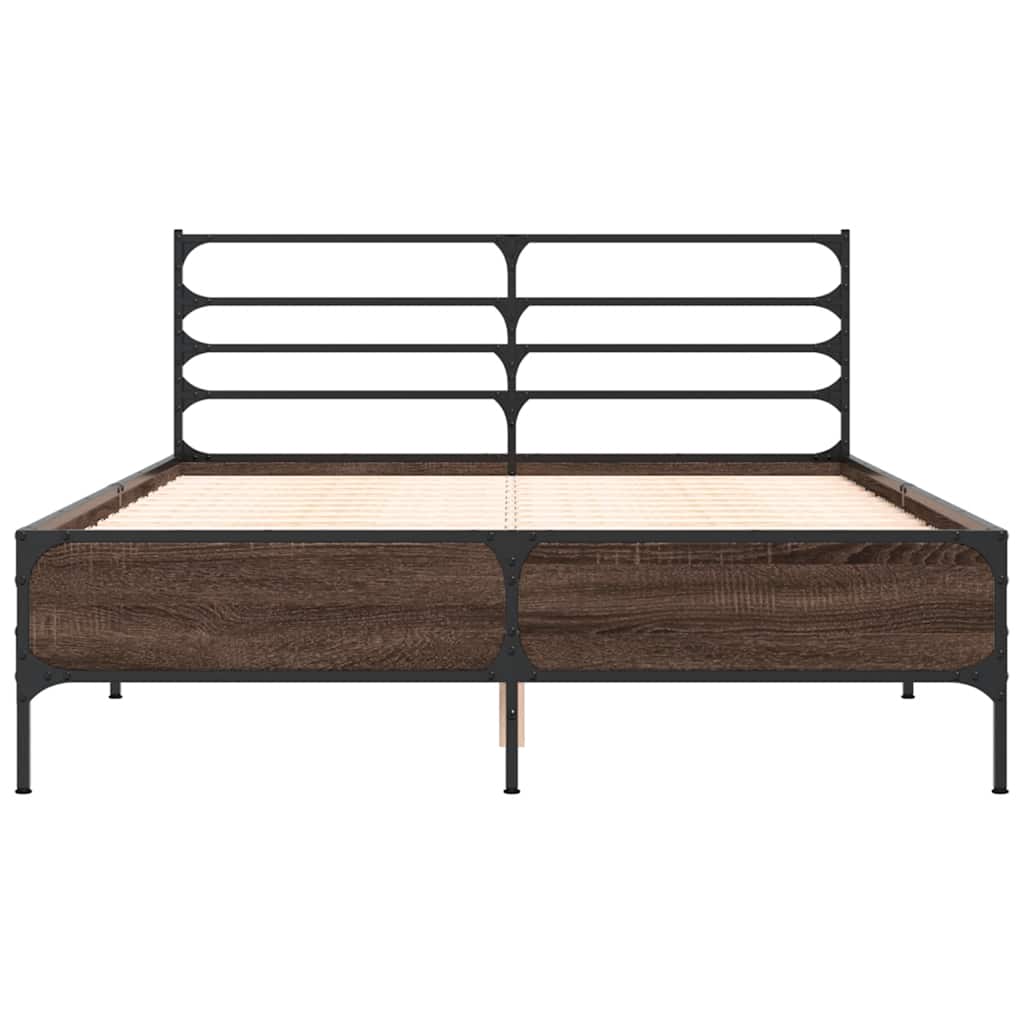 Brown Oak Effect Bed Frame 135 x 190 cm Wood Based Panel & Metal