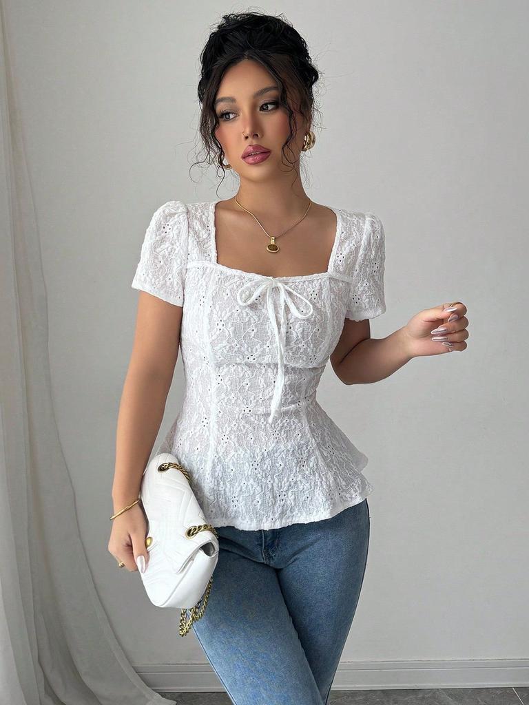 Women's Summer Fashion Elegant Casual Lace Shirt Crew Neck Bow Short Sleeve Top