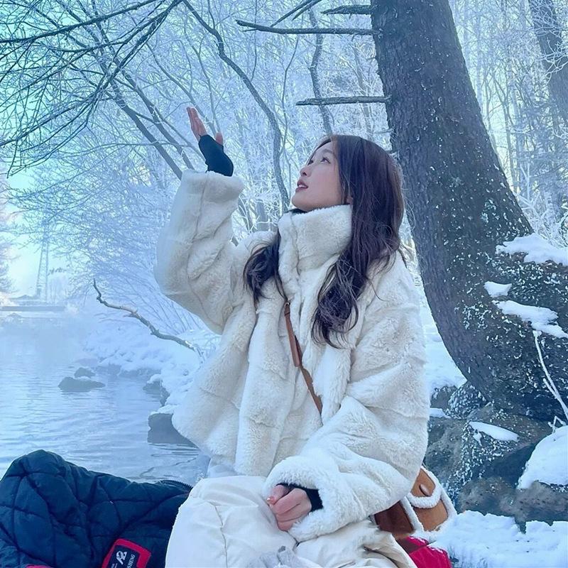 

Winter new imitation mink velvet fur coat women s lamb wool stand-up collar imitation lazy rabbit hair short coat tide S белый