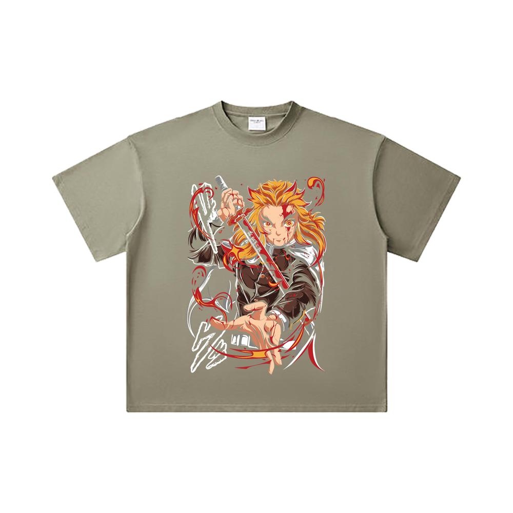 260 GSM Double Yarn 32 Count 100% Cotton Demon Slayer V85 Rengoku Print Unisex Heavy Cotton T Shirt