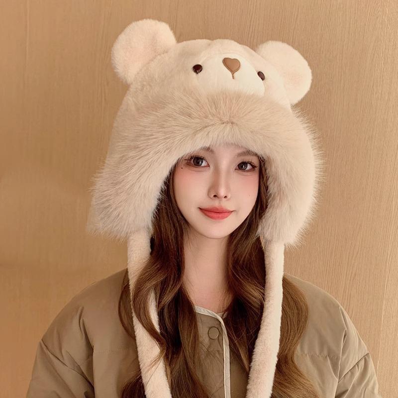 Winter Cartoon Bear Plush Hat Women Cute Warm Ear Protection All-Match Furry Lei Feng Hat