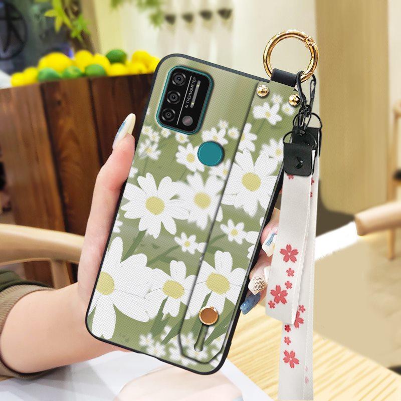 Silicone Waterproof Phone Case For UMIDIGI A9 Protective Oil Painting Flower Wrist Strap Kickstand Dirt-resistant Ring