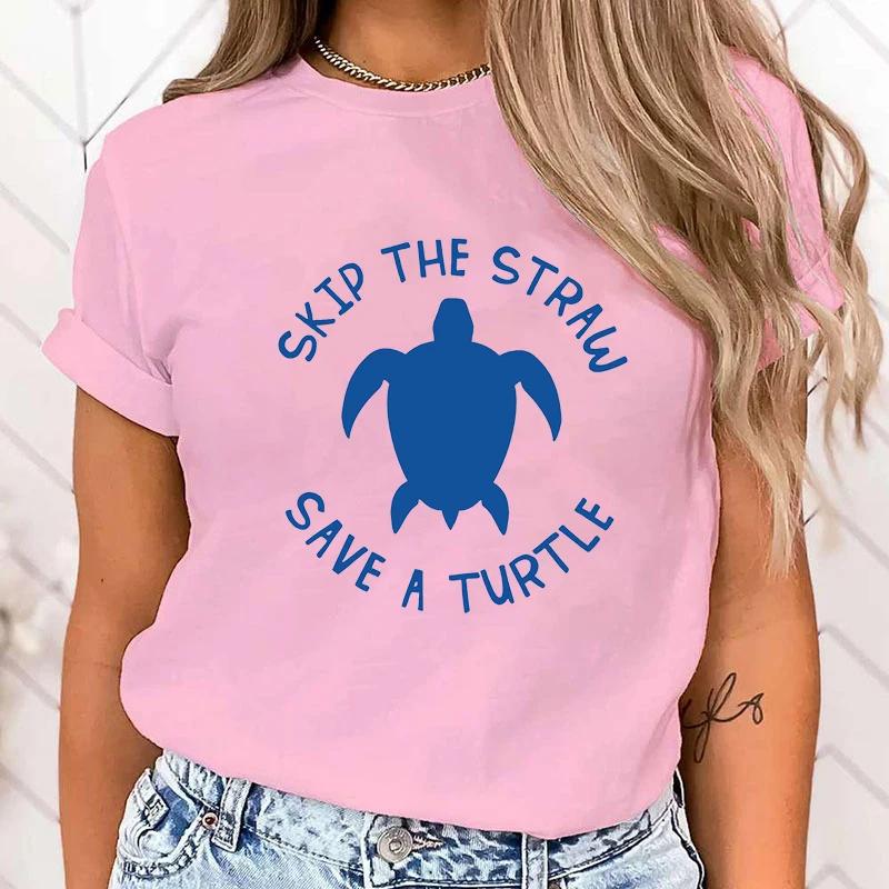 (Premium T-shirt)Protect The Ocean Skip The Straw Save A Turtle Letter Print Short Sleeve T Shirts Women'S Crew Neck T-Shirts