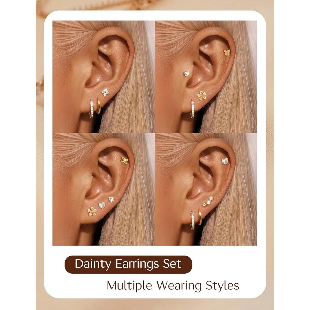 Bobisty Surgical Steel Flat Back Earrings for Women 14K Gold Plated Heart Flower Stud Earring Set Hoop Cartilage Earring Stack