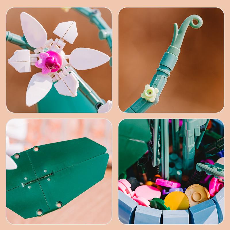 Non-Toxic Lotus Orchid Building Block Home Furnishings Bricks Flowers Plant Model Bricks Potted Flower Bouquet Model Romantic Home 728Pcs