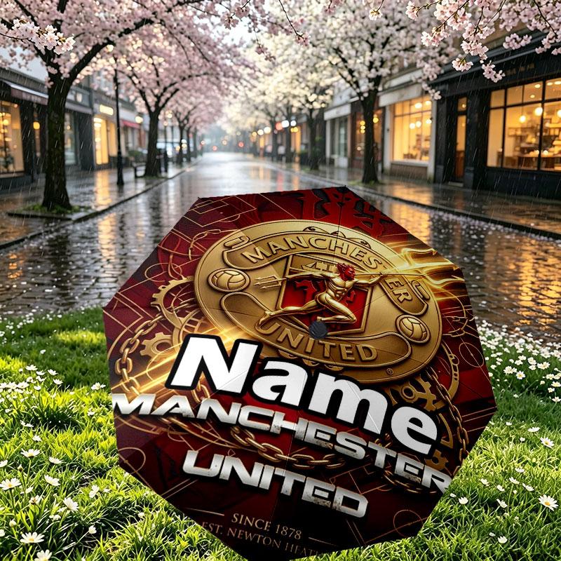Custom Name Personalized Manchester United Print Umbrella, Auto Open Close, 8‑Rib Sturdy Frame, Commute Camping Hiking Use, Birthday Gift