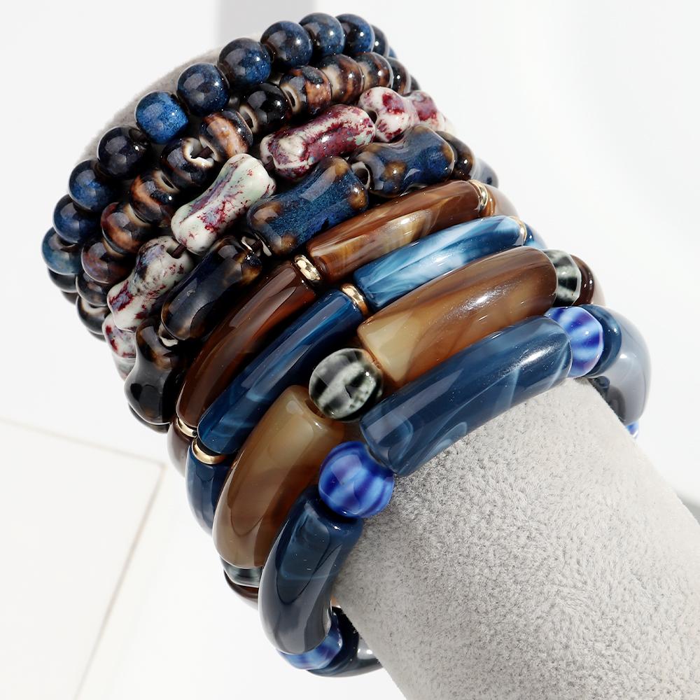 4pcs Bamboo Tube Acrylic Elastic Bracelets for Women Men Boho Resin Ceramic Circle Elbow Beaded Bangle Stack Jewelry Set Gift
