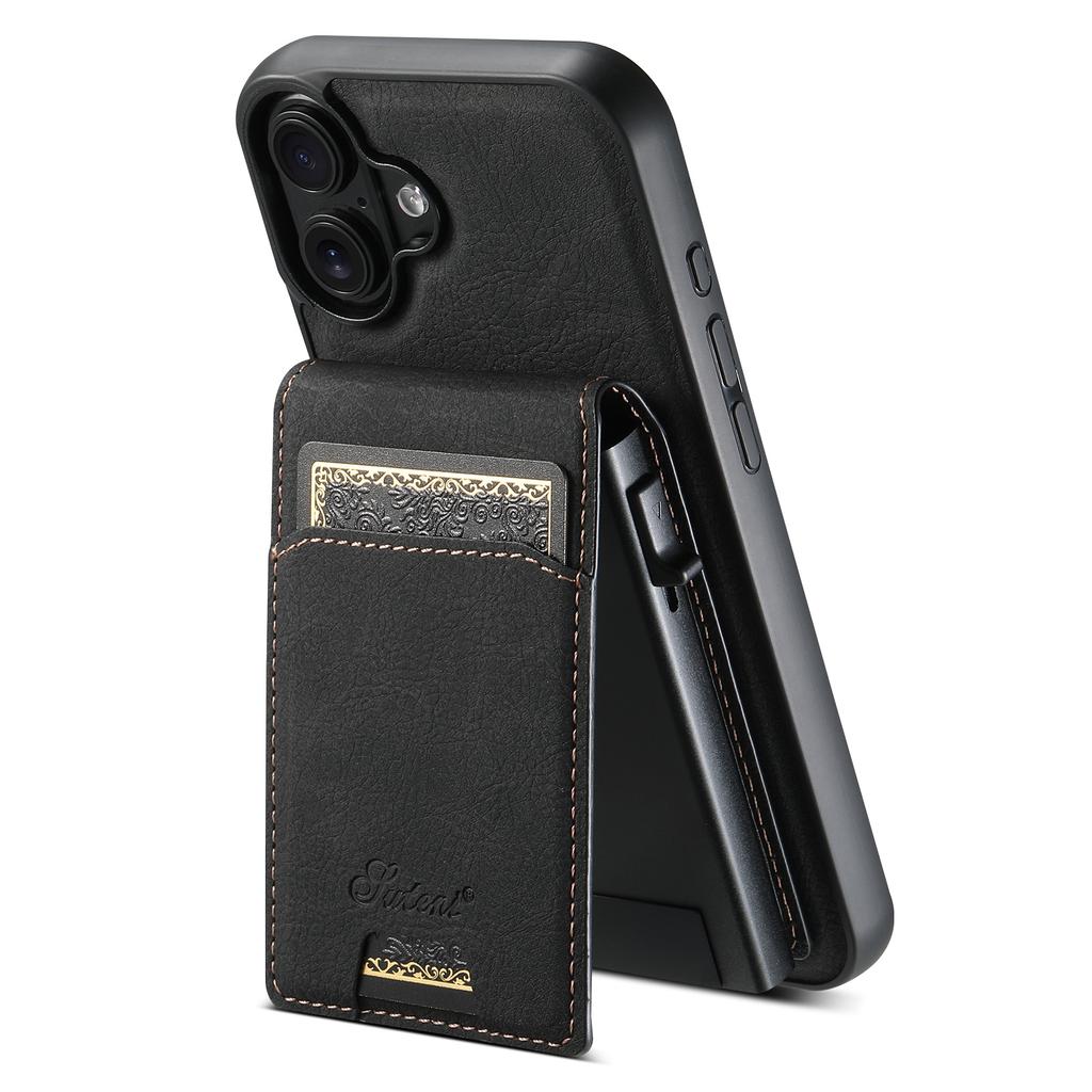SUTENI H19 For iPhone 16 Plus Magnetic Case Card Holder Kickstand Litchi Texture Leather Back Cover