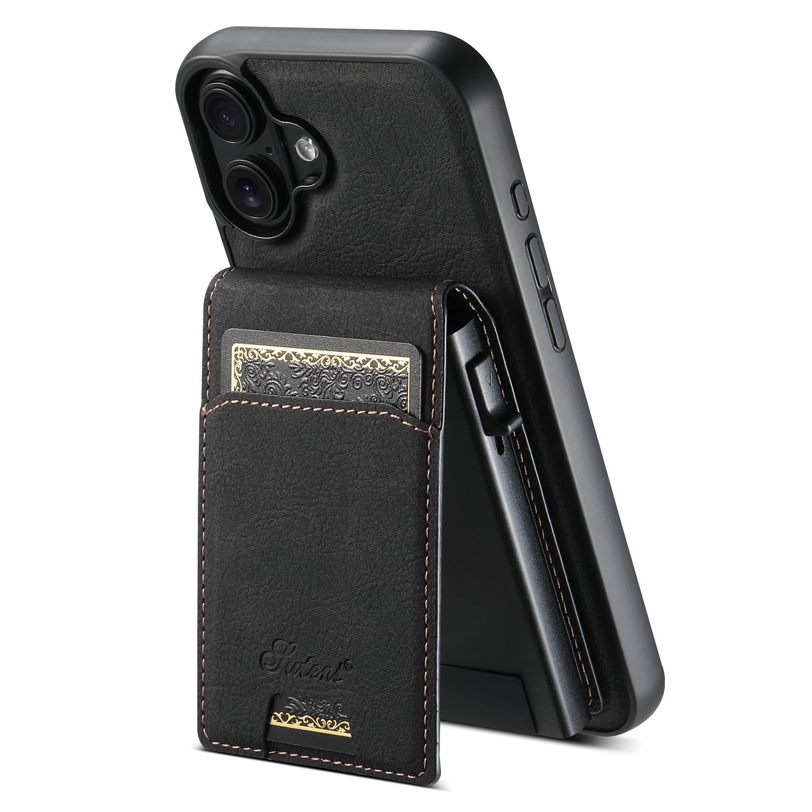 

SUTENI H19 For iPhone 16 Magnetic Case Card Holder Kickstand Litchi Texture Leather Back Cover - Black