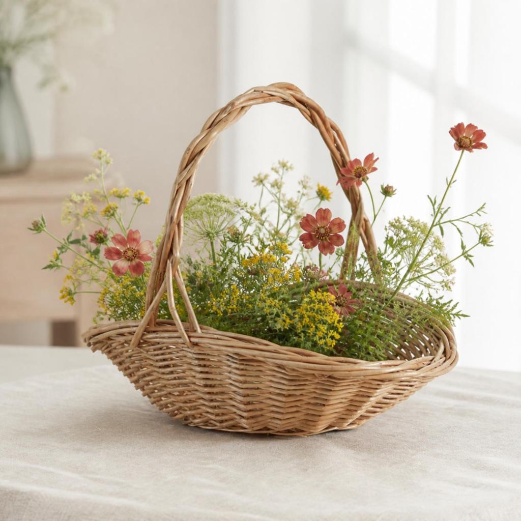 Hand-Woven Wicker Basket Versatile Shallow Oval with Arched Handle Rustic
