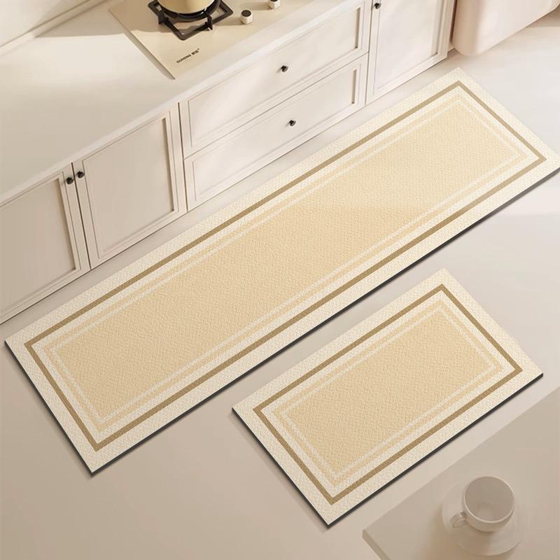 

Kitchen Floor Mat Anti-slip Oil-proof Erasable Carpet Leather PVC Waterproof Rug Beige Line Texture Home Decoration Mats 1pc 50x80cm