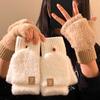 Fingerless Flip Up Half Finger White Plush Gloves for Women In Winter Thickened and Warm for Students Riding with Touch Screen