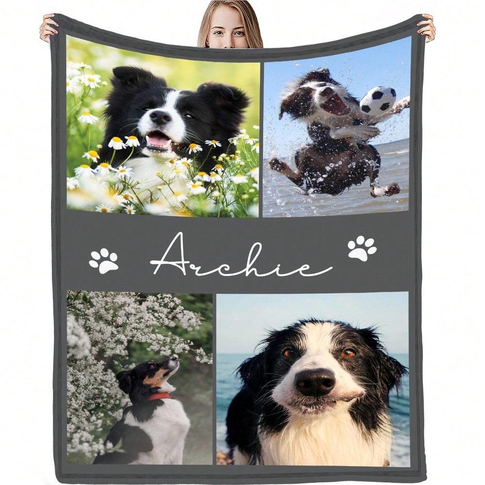 

1PC Personalized Pet Flannel Blanket with Baby Dog Name And Photos - Customized Gift for Camping And Travel For Pets 30x40in