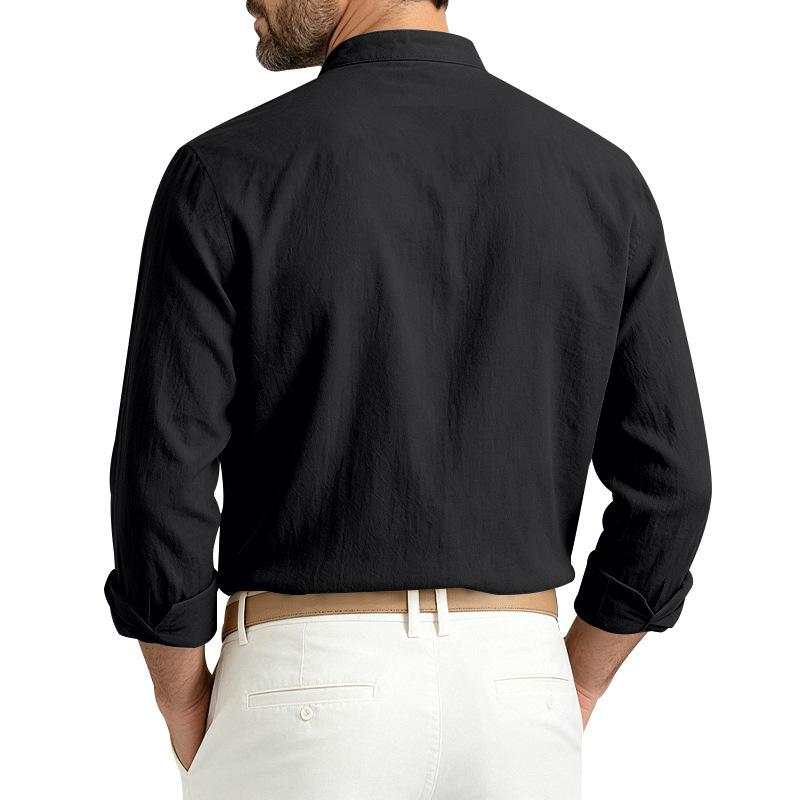 Men Linen‑Blend Button‑Down Shirt Stand Collar Chest Patch Pocket Roll‑Up Sleeve Button Tab Lightweight Breathable Wrinkle‑Resistant Casual Beach Top