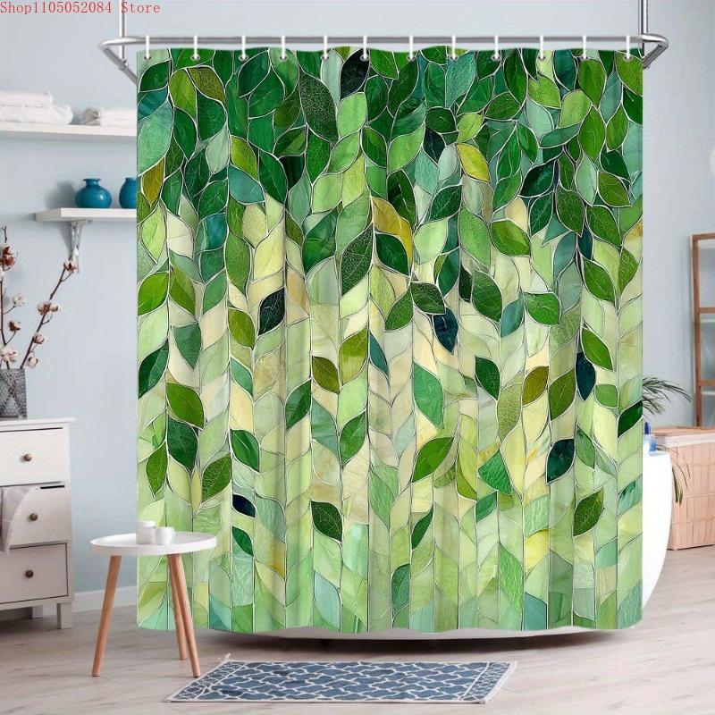 1pc abstract green leaves shower curtain vertical mosaic  -   With Hooks Waterproof Mildew Proof Easy Install Washable