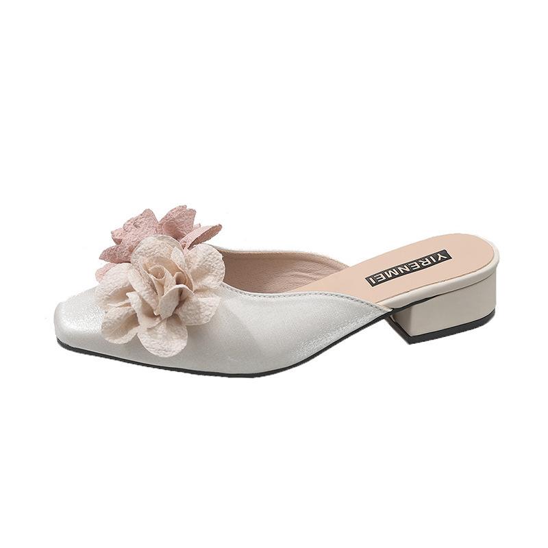 High heels women's spring and summer 2025 new French bag head flower sandals square head thick heel light mouth outer slippers women