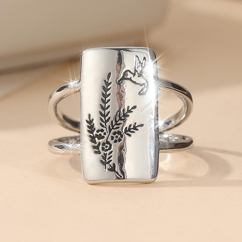Vintage CopperColor Hand Carving Leaf Bird Women's Ring Square Daily Wear Party Jewelry