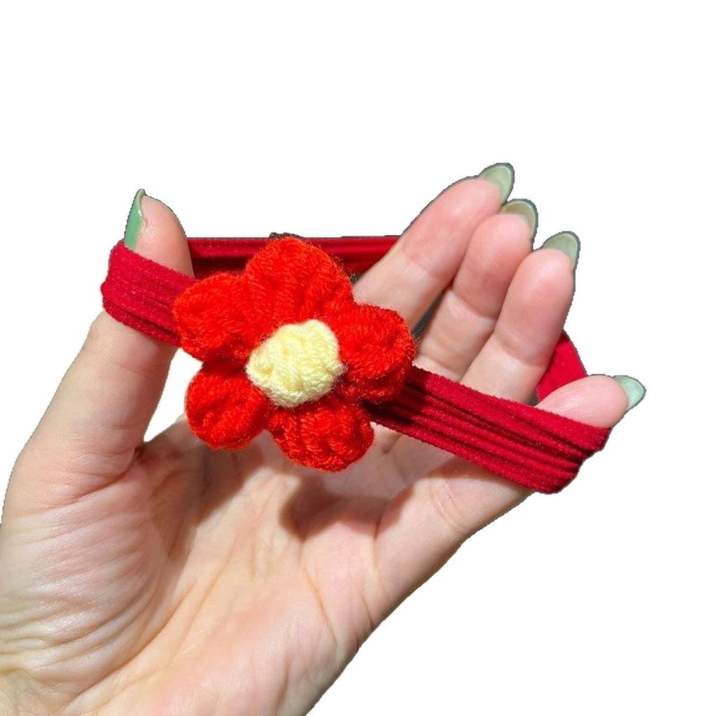 Festive Red Flower Knitted Wool Hair Scrunchie for Girls - Cute and Fashionable New Year Accessory