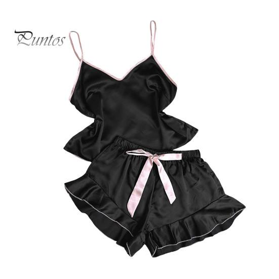 2 ks/sada Dámské pyžama Set saténový řemínek na špagety bez rukávů bez zad, výstřih do V.