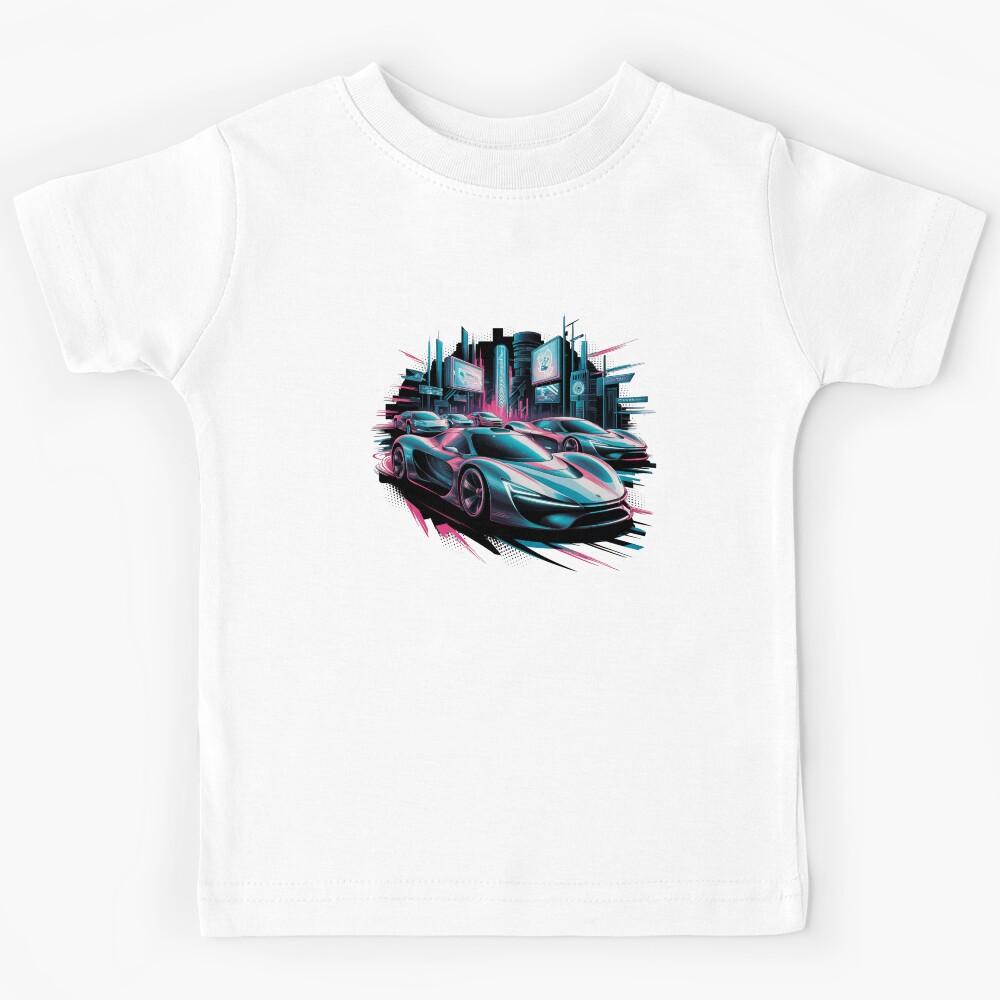 Futuristic Neon Concept Cars in Cyberpunk Cityscape Kids T-Shirt 130