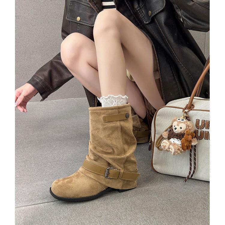 Retro square head pleated sleeve thick-soled stacking boots 2025 autumn and winter double-breasted belt buckle thick heel short tube Martin boot