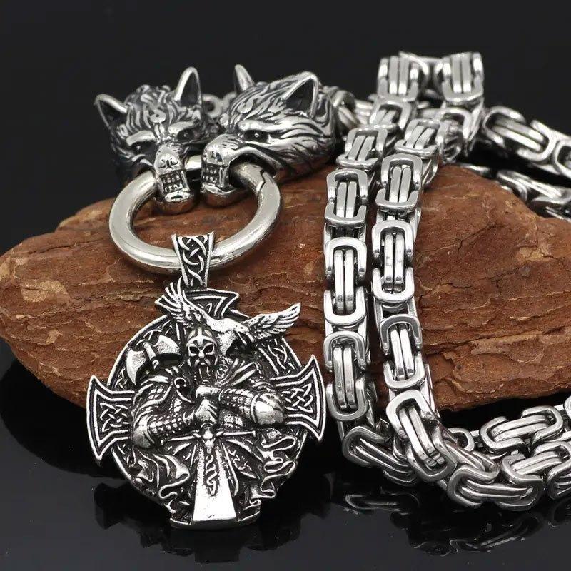 2-teiliges Wikinger Nordisches Vintage Odin Rabe Wolfskopf Halskette und Wolfskopf Armband