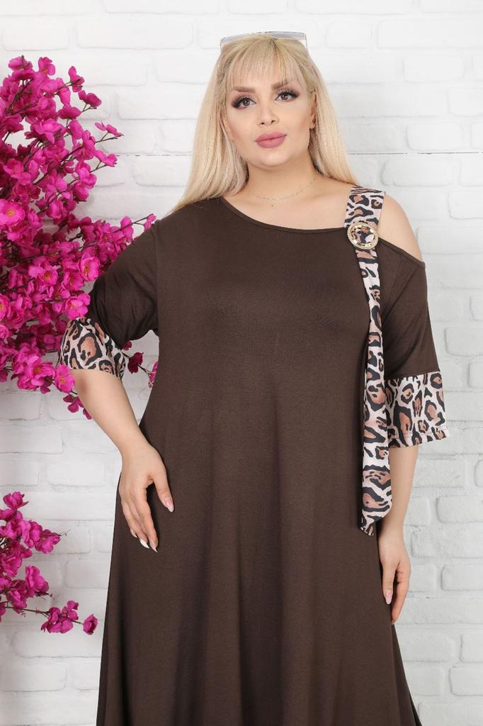 Women's Big Size Dress Asymmetric Cut Shoulder Detailed Buckle Leopard Pattern Viscose Lycra Dress