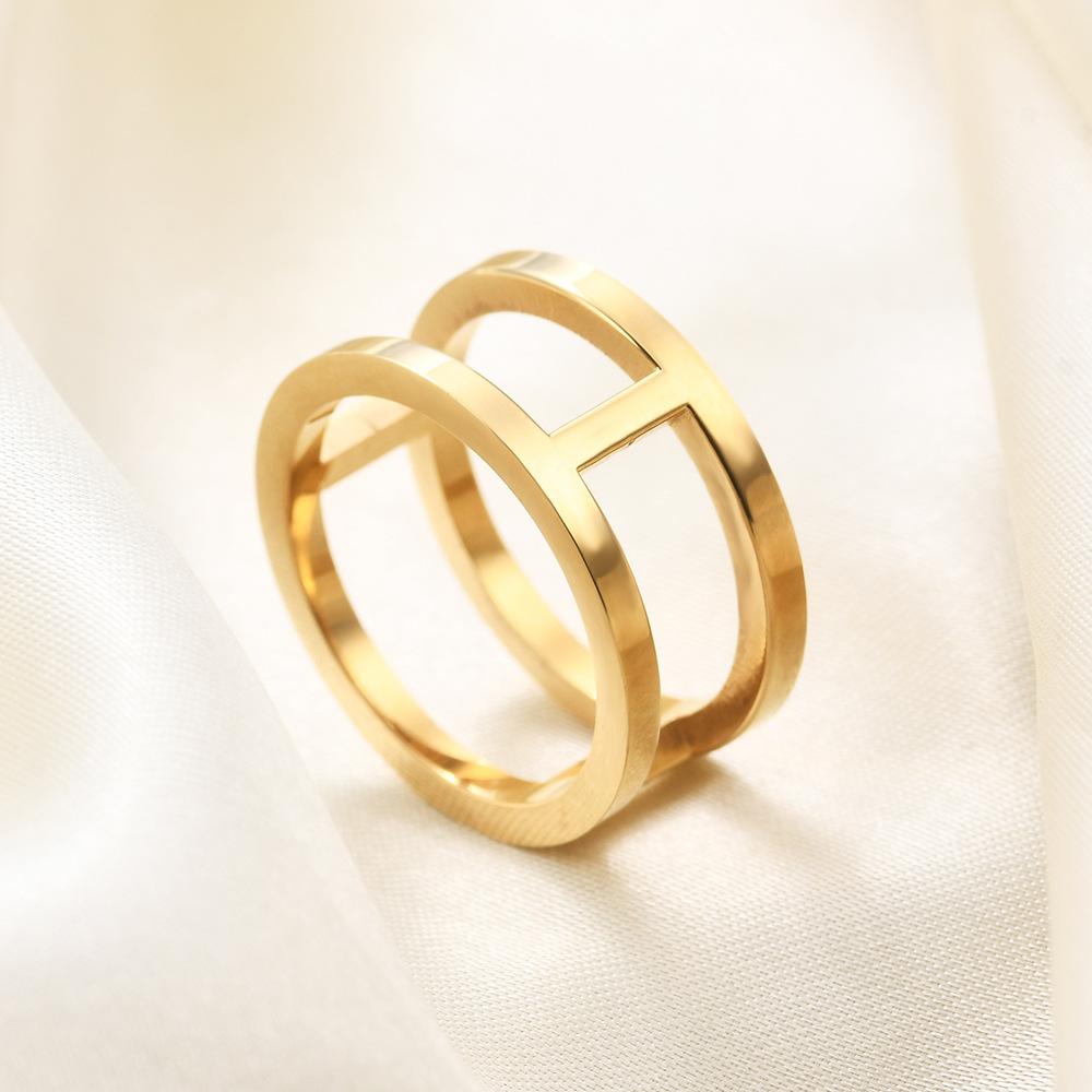 Simple double hollow stainless steel ring I-ring Gold women's fashion all-match ring jewelry gift for couples