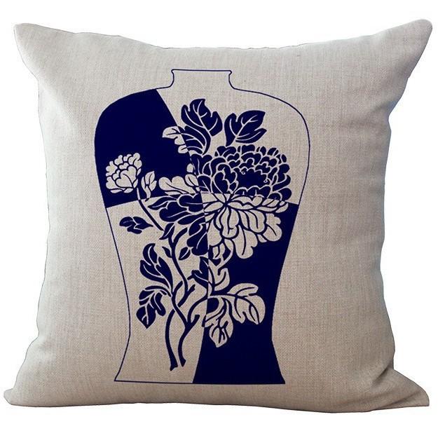 Retro Blue and White Porcelain Pillowcase Geometric Printed Cotton and Linen Sofa Pillowcase Bathroom Sofa Decorative Pillowcase