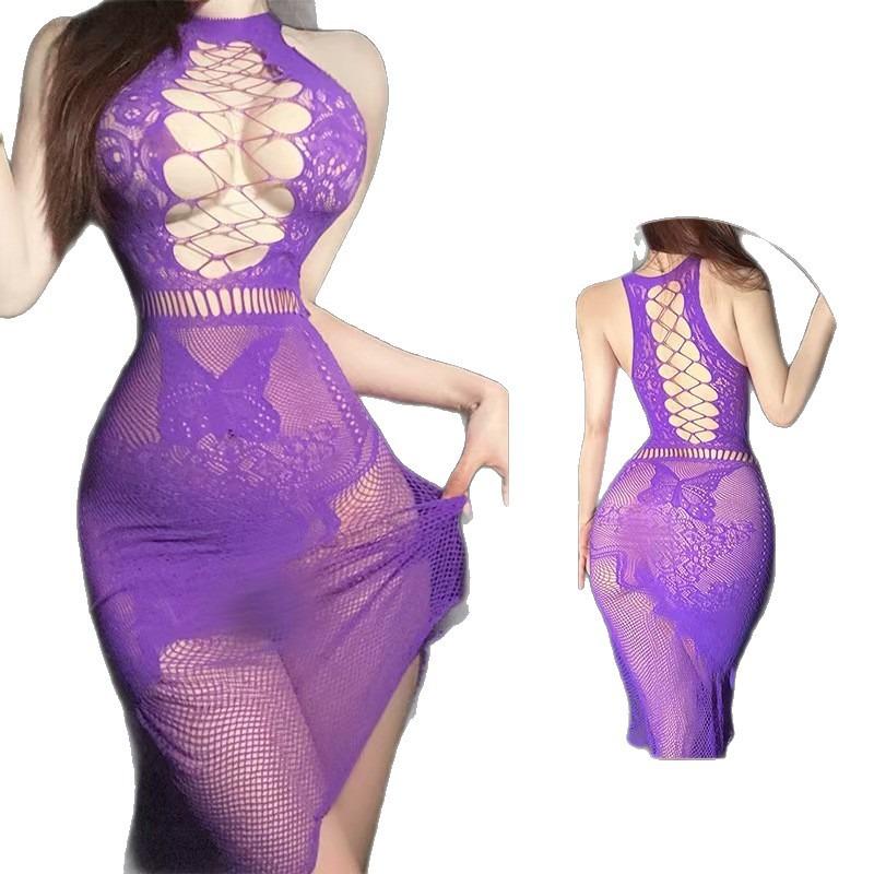Sexy underwear, sexy pure desire, hollowed-out chest, one-piece mesh dress, temptation perspective qqny mesh clothes torn