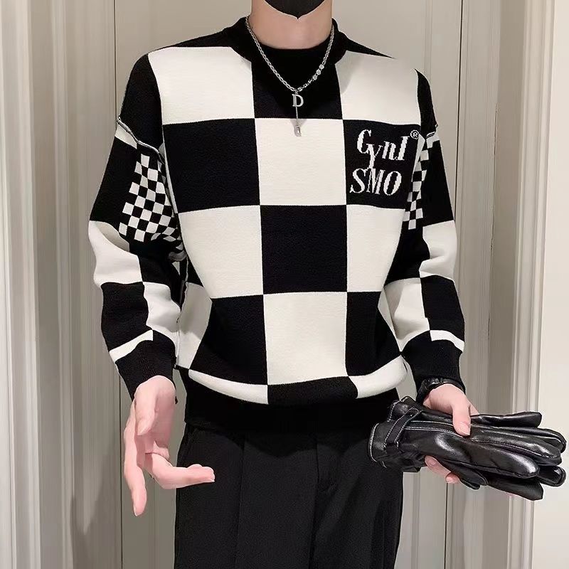 Nouveau Pull Homme Mode Col Rond Patchwork Automne Hiver Couleur Contrastée Imprimé Lettre Manches Longues Ample Décontracté Tricoté Hauts