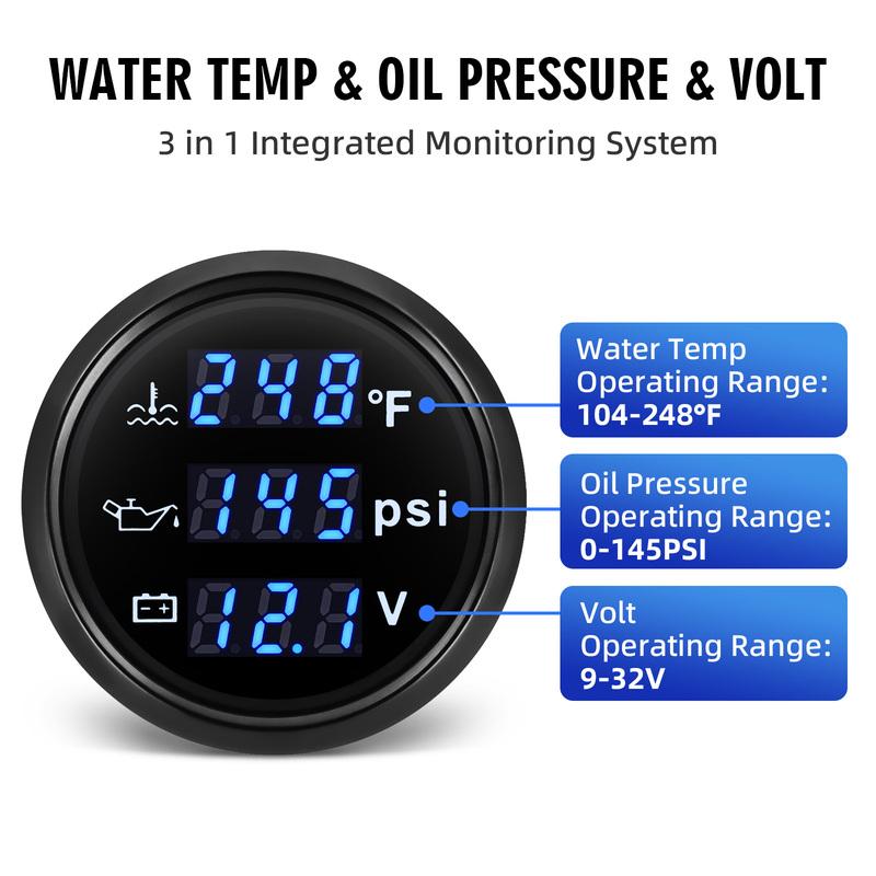 52MM 3 IN 1 Digital Gauge Water Temperature ℃/℉Oil Pressure Bar/PSI Voltmeter For Car Boat 12V/24V With Blue Backlight