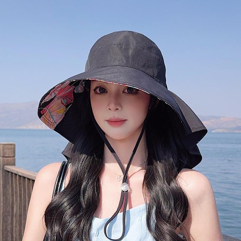 

8548 Large Brim Shawl Bucket Hat Fashion Bowknot Air Top Summer Sun Protection Sun Hat Ponytail Hat for Women Leaves Black