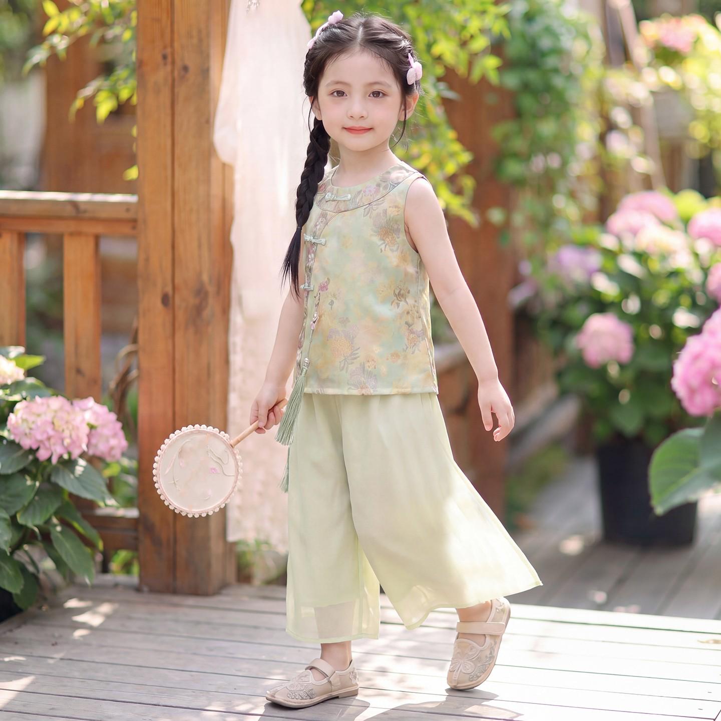 2026 Sleeveless Chinese Style Summer Two-Piece Set for Girls 120