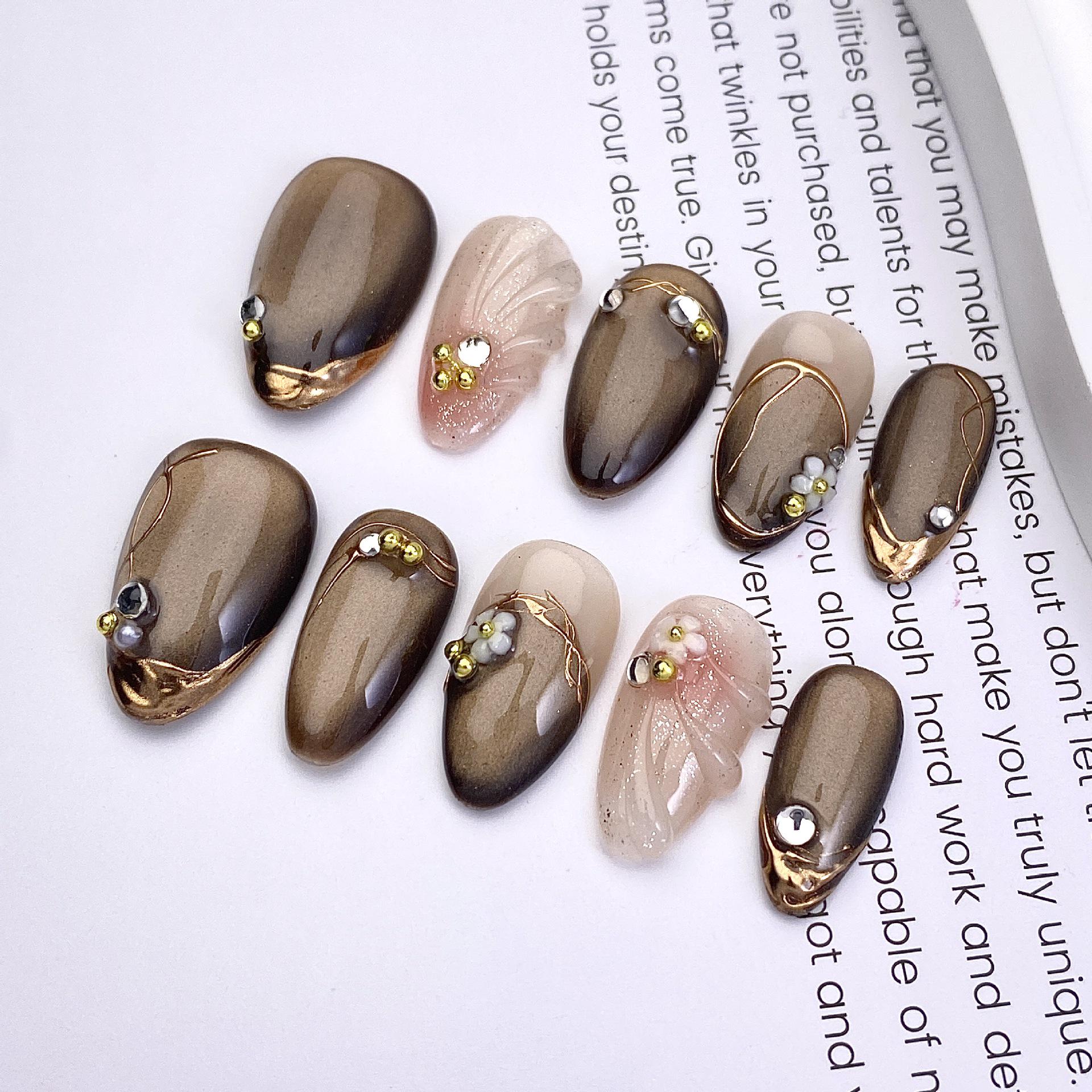 Luxurious Handmade Cat Eye Gradient Short Almond Manicure with Rhinestones and Gold Stamping - Autumn/Winter Edition Small