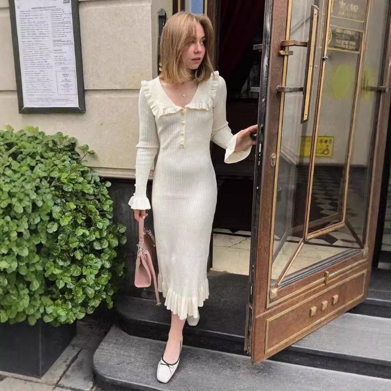 Podzimní Pletené Šaty s Dlouhým Rukávem a Volánky Dámská Móda Zimní Slim Fit Svetrové Šaty s Vysokým Pasem Dámské Elegantní Vintage Sexy Párty Ležérní Šaty 25085