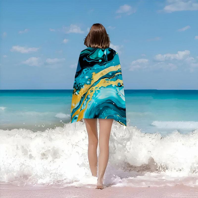 Abstract Fluid Marble Beach Towel - Deep Teal Blue Gold, Quick-Dry Microfiber, Luxury Towel for Pool Swimming Camping