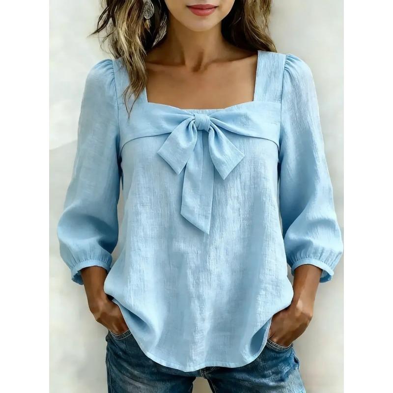 TIFICY Women's Fashion Casual Spring Autumn Solid Color Print Long Sleeve Square Collar Blouses & Shirts