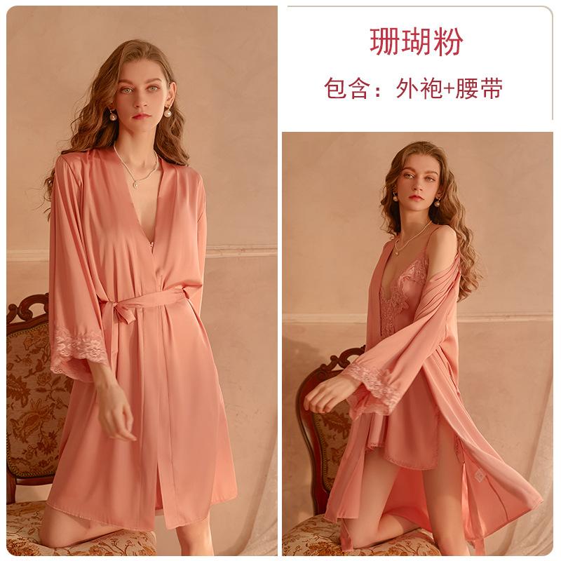 Women's Satin Lace Lightweight Cardigan Tie Robe Bathrobe Cami Sleep Dress Set