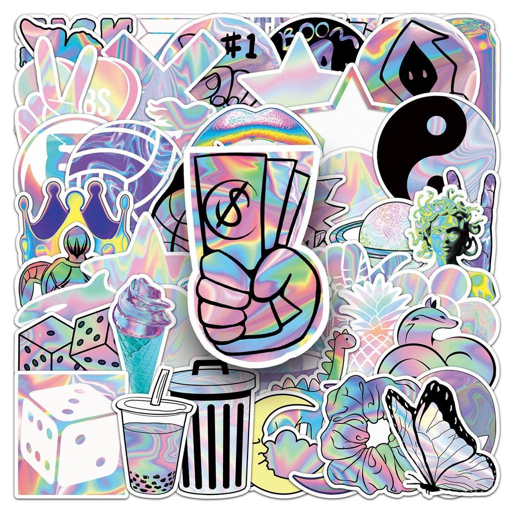 50 PCS Holographic Graffiti Stickers - Creative DIY Laser Decals for Skateboard Cup Luggage Phone Tablet Laptop