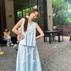 Women's Summer Two-Piece: 3D Bow Vest & High Waist A-Line Midi Skirt