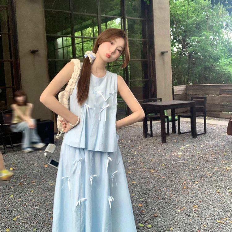 Women's Summer Two-Piece: 3D Bow Vest & High Waist A-Line Midi Skirt