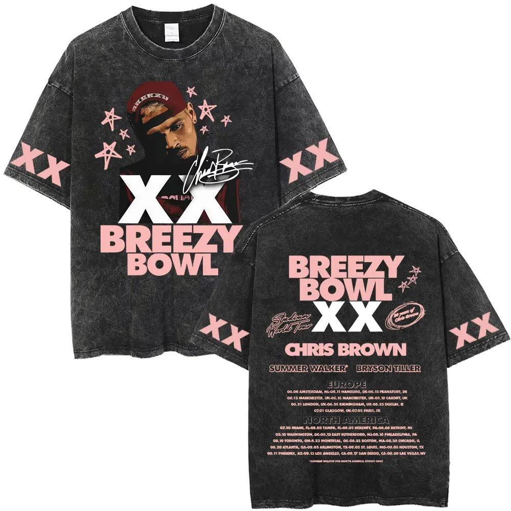 Vintage Washed Chris Brown Graphic T-shirt Breezy Bowl XX Tour 2026 Merch T Shirts Men Women Hip Hop Fashion Oversized T-shirts