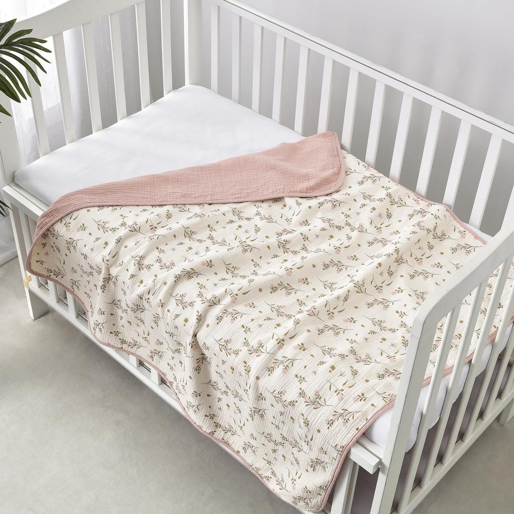 CREVENT Baby Blanket, Gauze Blanket, Double Gauze, Reversible, Small Floral Pattern, Pink, 102 x 102 cm