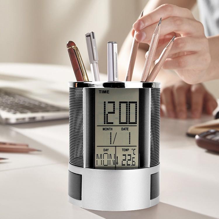 Multifunctional Metal Mesh Perpetual Calendar Pen Holder with Desktop Temperature Clock